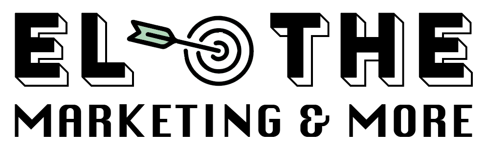 Logo for El The LLC. It says the tagline "Marketing and More" below the words "EL THE" There is a bullseye being hit by an arrow with a green tail in the center of the logo separating "El" and "The". 